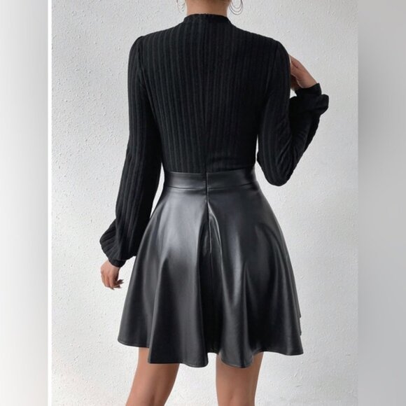 Black Vegan Mock Neck Lantern Sleeve  Dress Without Belt - Picture 3 of 5